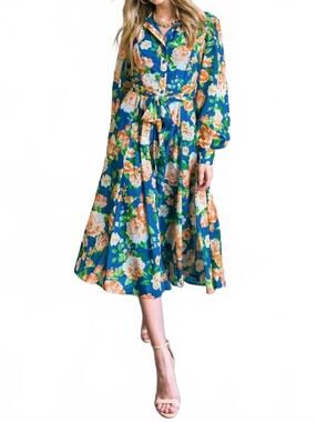 NEW FLYING TOMATO printed woven midi shirt dress in teal